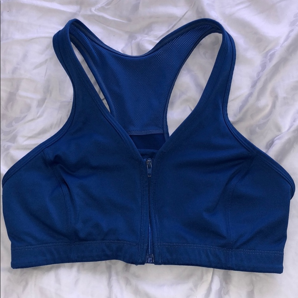 Blue zip up sports bra